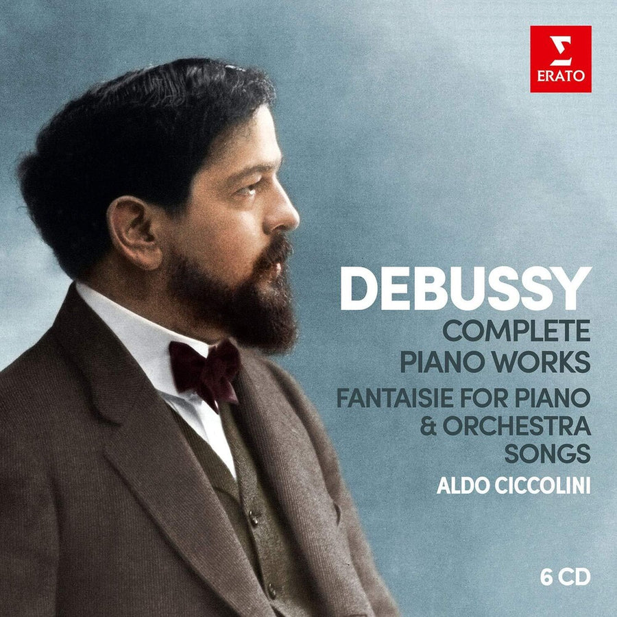 the album cover for Aldo Ciccolini - Debussy: Complete Piano Works; Fantaisie for piano & orchestra, Songs