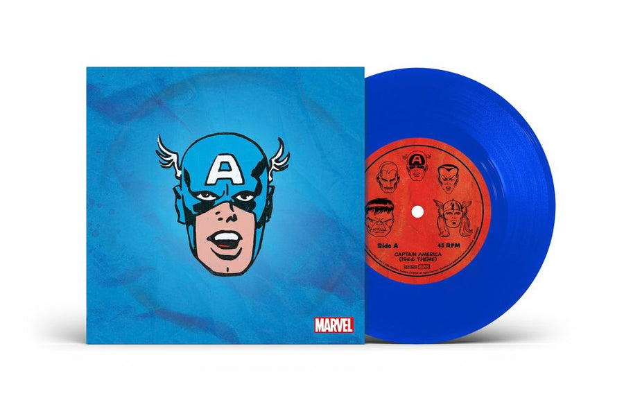 the album cover for Marvel Chorus - Merry Marvel Marching Society (1966 Theme) [Captain America Translucent Blue 7" Single]