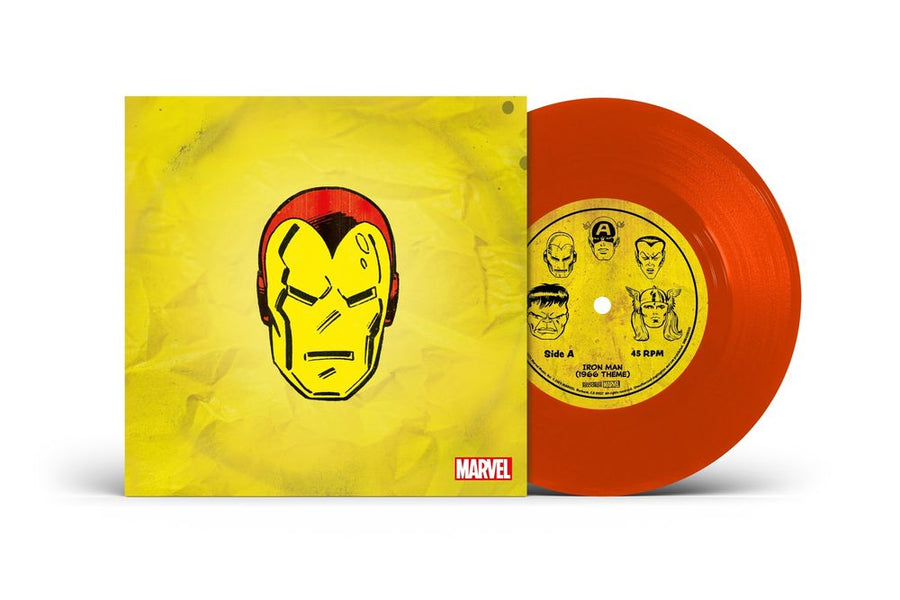 the album cover for Marvel Chorus - Merry Marvel Marching Society (1966 Theme) [Iron Man Translucent Red 7" Single]