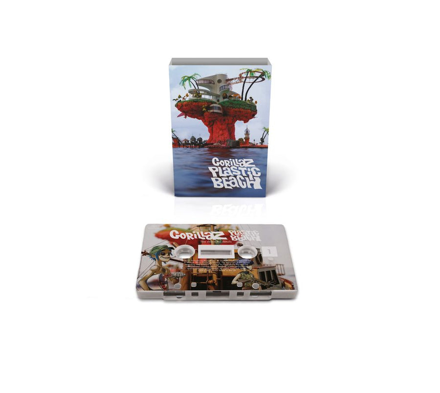 the album cover for Gorillaz - Plastic Beach - Brick & Mortar Exclusive [White Cassette with On Body Printing]