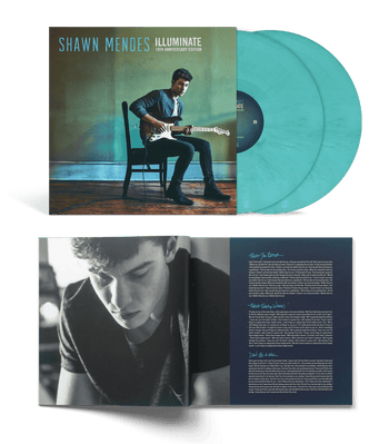 the album cover for Shawn Mendes - Illuminate - 10th Anniversary Edition [Translucent Aqua 2 LP]