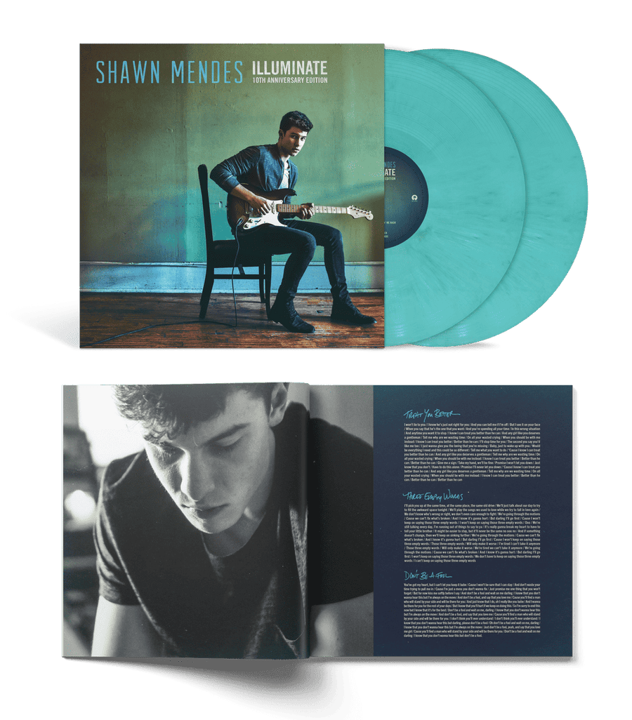 the album cover for Shawn Mendes - Illuminate - 10th Anniversary Edition [Translucent Aqua 2 LP]