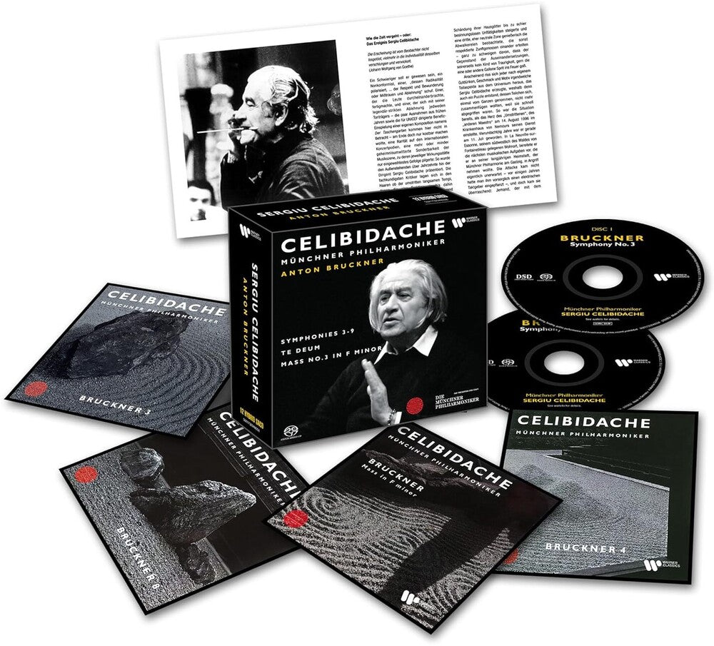 the album cover for Sergiu Celibidache  / Munchner Philharmoniker - Bruckner Symphonies 3-9 Te Deum Mass 3