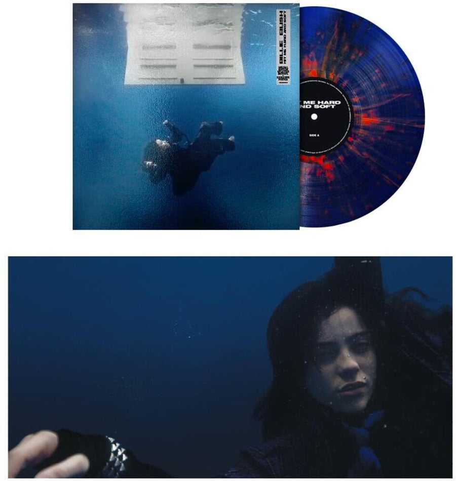 the album cover for Billie Eilish - HIT ME HARD AND SOFT (Anniversary Edition) [Blue & Orange Splatter LP]