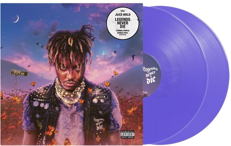 the album cover for Juice WRLD - Legends Never Die (5 Year Anniversary) [Eternal Purple Colored Vinyl 2 LP]