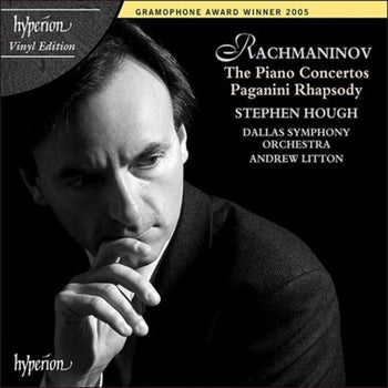 the album cover for Rachmaninoff / Hough / Litton / Dallas Symphony - Rachmaninoff: Piano Ctos 1-4 / Paganini Rhapsody
