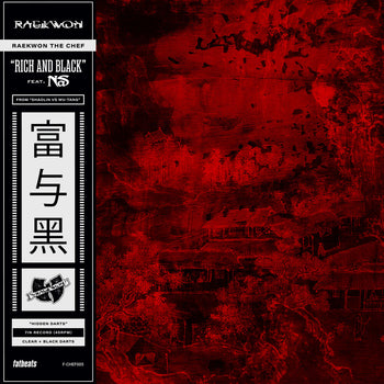 the album cover for Raekwon - Rich & Black ft Nas b/w Crane Style ft Busta Rhymes [Hidden Darts variant with OBI strip and splattered vinyl]