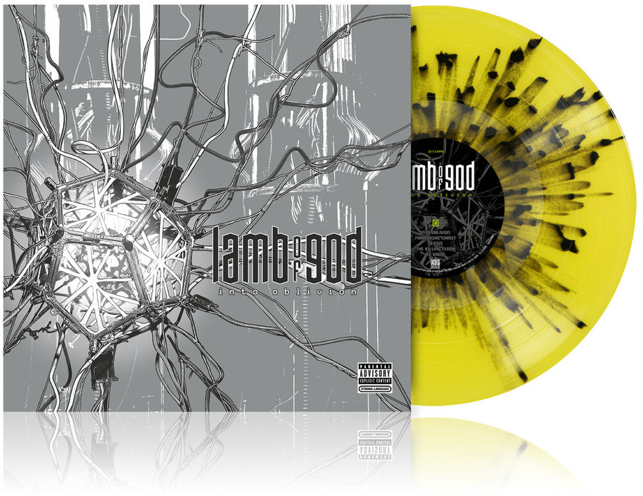 the album cover for Lamb Of God - Into Oblivion [Transparent Yellow & Black Splatter]
