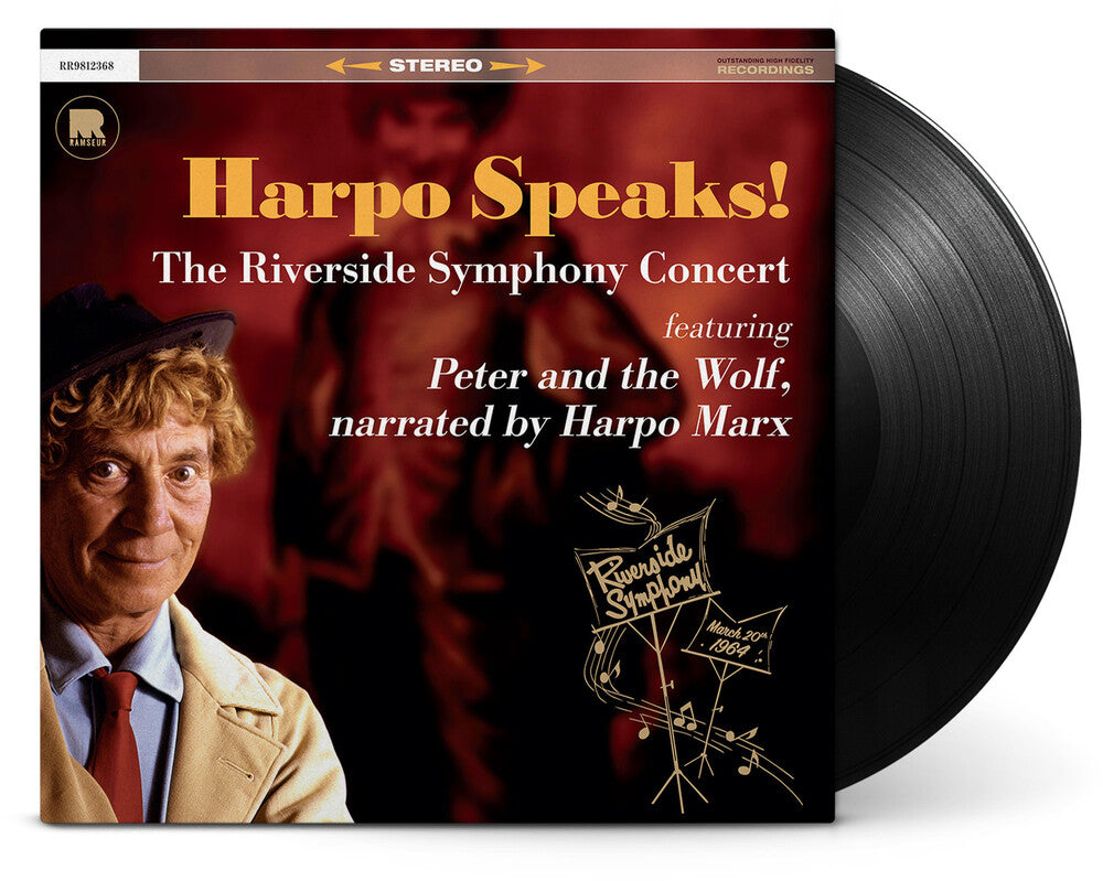 the album cover for Harpo Marx - Harpo Speaks! - The Riverside Symphony Concert featuring Peter and the Wolf
