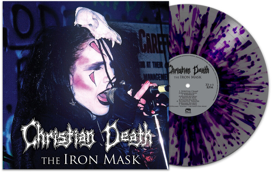 the album cover for Christian Death - The Iron Mask [Purple/Silver Splatter]