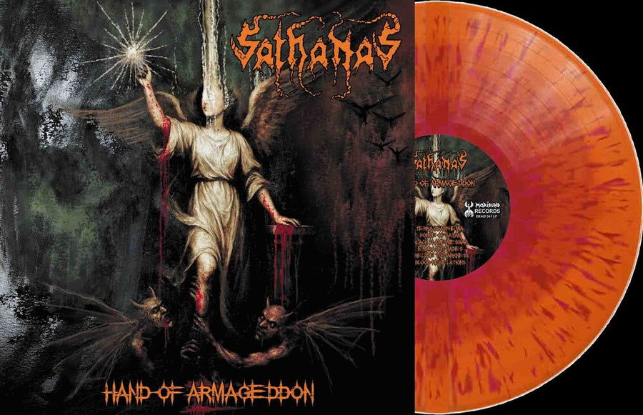 the album cover for Sathanas - Hand Of Armageddon - Clear Orange/Red [Clear Vinyl] (Org)