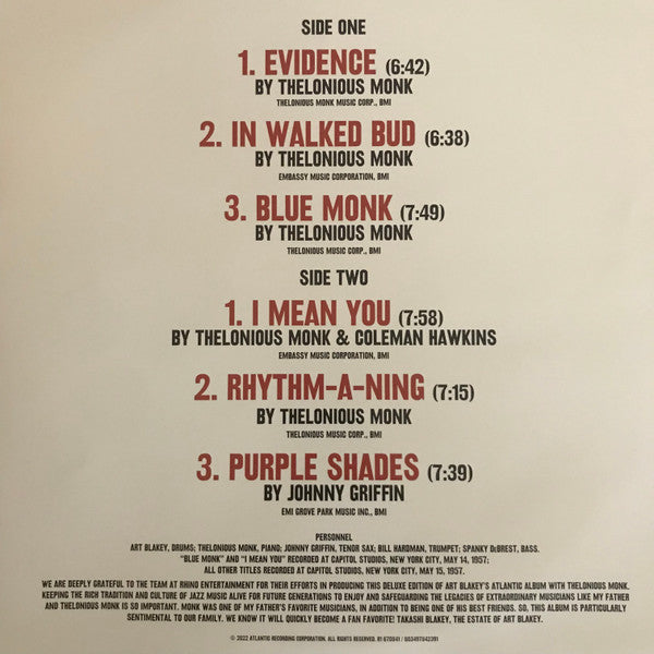 Art Blakey's Jazz Messengers With Thelonious Monk - Blakey, Art Jazz Messengers With Thelonious Monk