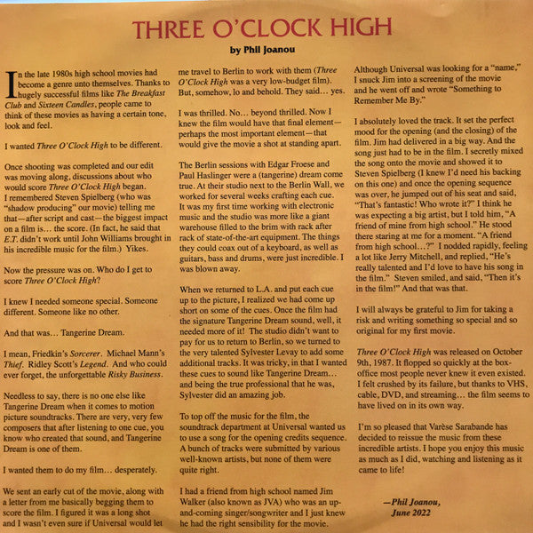 Three O'Clock High (Original Soundtrack) - Tangerine Dream