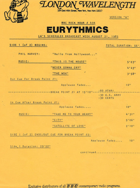BBC Rock Hour #434 (Version "A") - Eurythmics