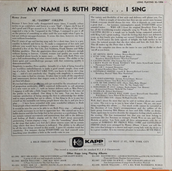 My Name Is Ruth Price . . . I Sing! - Price, Ruth