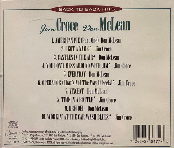 Back To Back Hits - Croce, Jim / Don McLean