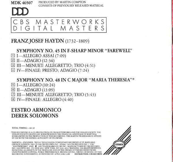 Symphonies No 45 & 48 - Haydn / L'Estro Armonico / Solomons