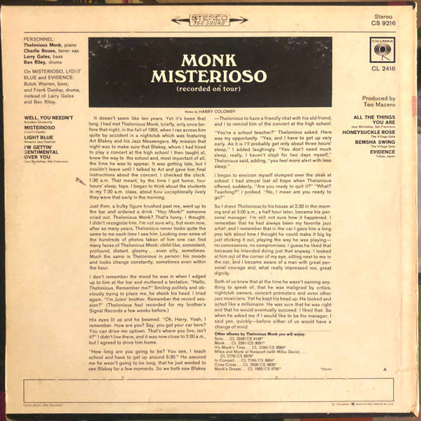 Misterioso (Recorded On Tour) - Monk, Thelonious