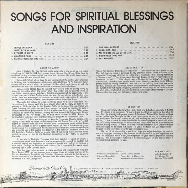 Songs For Spiritual Blessings And Inspiration - Blakely, John E. Sr.