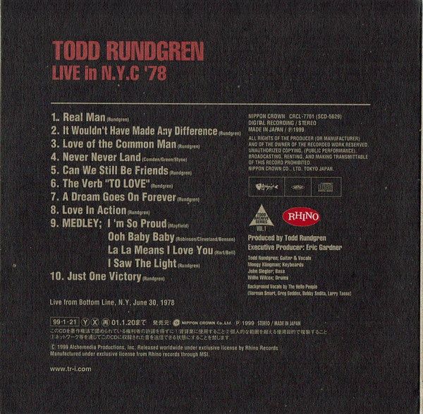 Live In N.Y.C '78 - Rundgren, Todd